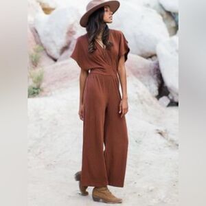 Joyfolie Everlynne Ribbed Jumpsuit Cold Shoulder Full Length Brown Clay S